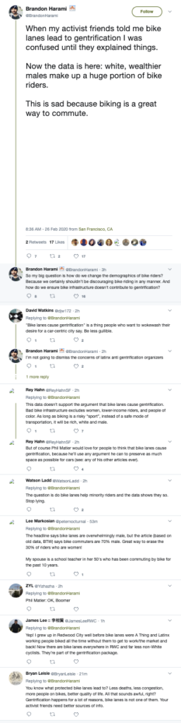 Brandon Harami ‏

@BrandonHarami
When my activist friends told me bike lanes lead to gentrification I was confused until they explained things.

Now the data is here: white, wealthier males make up a huge portion of bike riders.

This is sad because biking is a great way to commute.

8:36 AM - 26 Feb 2020 from San Francisco, CA
‏ 
@BrandonHarami
So my big question is how do we change the demographics of bike riders? Because we certainly shouldn’t be discouraging bike riding in any manner. And how do we ensure bike infrastructure doesn’t contribute to gentrification?

David Watkins
@djw172
Replying to @BrandonHarami
"Bike lanes cause gentrification" is a thing people who want to wokewash their desire for a car-centric city say. Be less gullible.

@BrandonHarami
I’m not going to dismiss the concerns of latinx anti gentrification organizers

Rey Hahn
@ReyHahnSF
Replying to @BrandonHarami
This data doesn’t support the argument that bike lanes cause gentrification. Bad bike infrastructure excludes women, lower-income riders, and people of color. As long as biking is a risky “sport”, instead of a safe mode of transportation, it will be rich, white and male.

@ReyHahnSF
But of course Phil Matier would love for people to think that bike lanes cause gentrification, because he’ll use any argument he can to preserve as much space as possible for cars (see: any of his other articles ever).

Watson Ladd
@WatsonLadd
Replying to @BrandonHarami
The question is do bike lanes help minority riders and the data shows they so. Stop lying.

Lee Markosian
peternocturnal
Replying to @BrandonHarami
The headline says bike lanes are overwhelmingly male, but the article (based on old data, BTW) says bike commuters are 70% male. Great way to erase the 30% of riders who are women!

My spouse is a school teacher in her 50's who has been commuting by bike for the past 10 years.

ZYL
@Yizhazha
Replying to @BrandonHarami
Phil Matier: OK, Boomer

James Lee :: 李相賢
@JamesLeeRWC
Replying to @BrandonHarami
Yep! I grew up in Redwood City well before bike lanes were A Thing and Latinx working people biked all the time without them to get to work/the market and back! Now there are bike lanes everywhere in RWC and far less non-White cyclists. They’re part of the gentrification package.

Bryan Leisle
@BryanLeisle
Replying to @BrandonHarami
You know what protected bike lanes lead to? Less deaths, less congestion, more people on bikes, better quality of life. All that sounds awful, right? Gentrification happens for a lot of reasons, bike lanes is not one of them. Your activist friends need better sources of info.